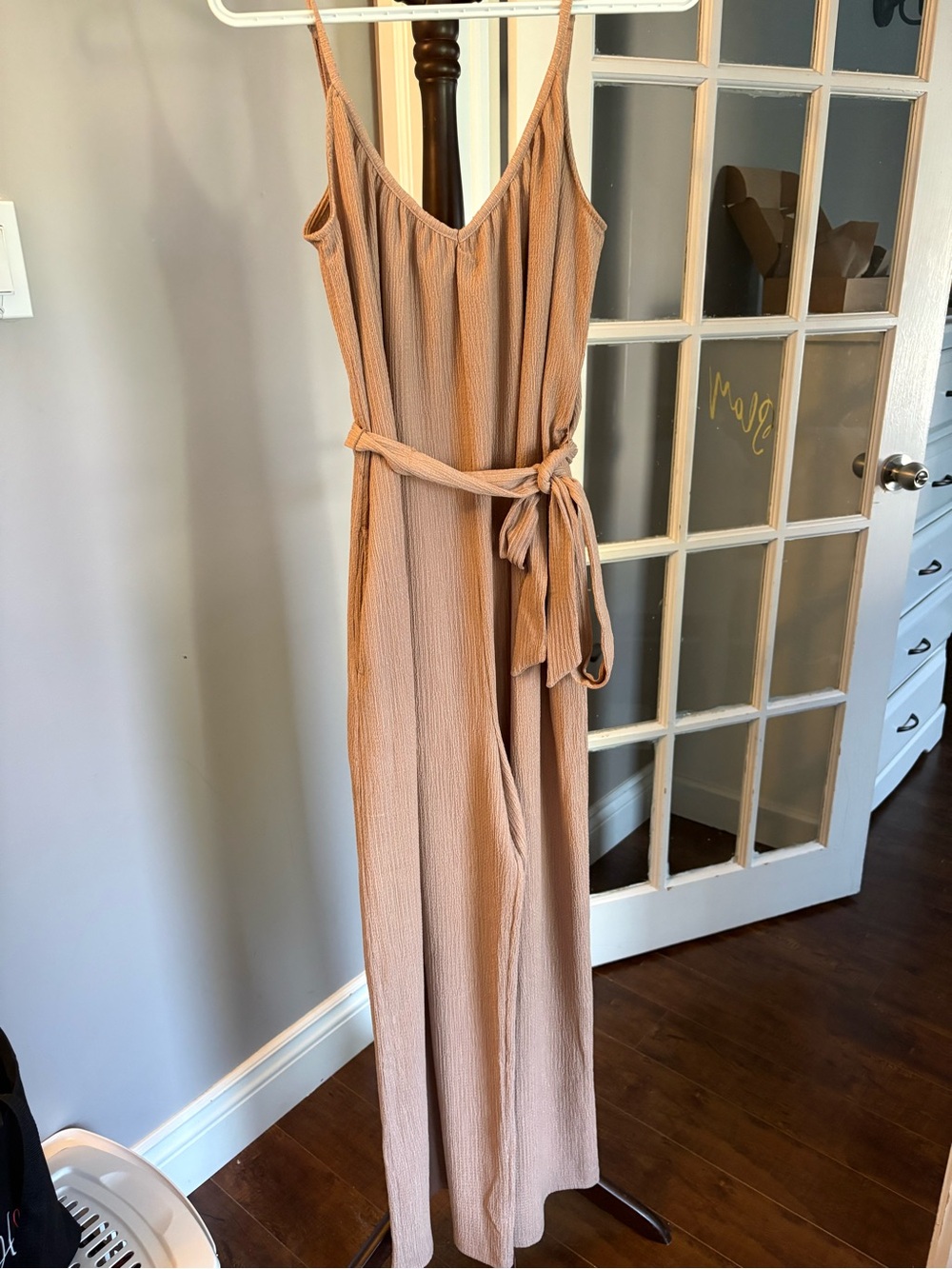 H&M Sleeveless V-Neck Belted Jumpsuit in tan